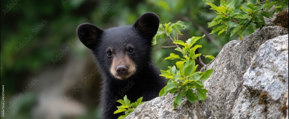 Naklejka premium Black bear cub scaling a rocky cliff in its wild home setting