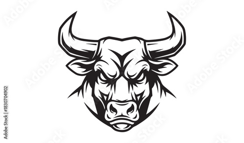 Fierce bull head black and white illustration