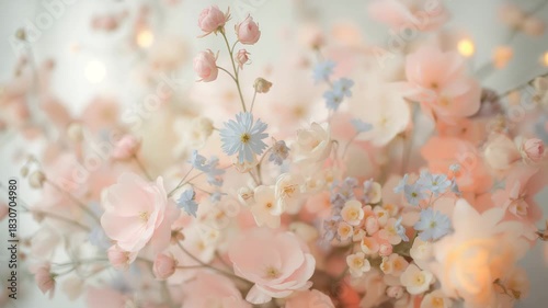 Close-up of delicate pastel flowers blooming with soft lighting showcasing pink and blue blossoms in a serene blurred background filled with subtile glowing highlights