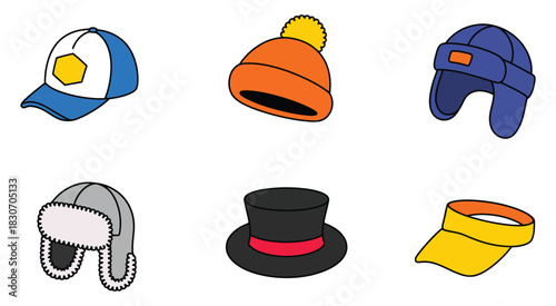 Isometric colorful hats set with multiple fashion designs, trendy headwear options, bold accessories, and detailed illustration elements for stylish visual projects