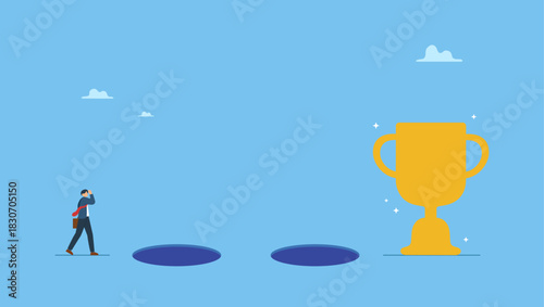 Businessman step on risk road to reach success trophy. Risk or challenge to reach success achievement, determination or ambition to change, aspiration to step from safe zone, decision.