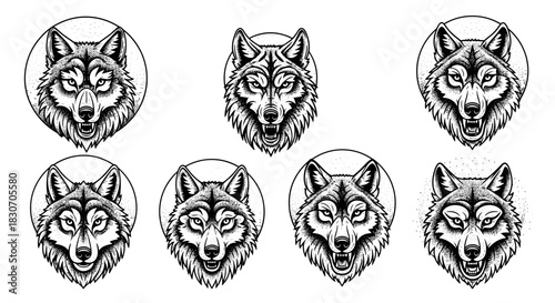Set of Wolf Head Illustrations in Black and White Style.