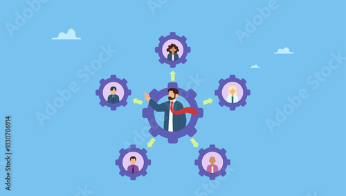 Business teamwork delegate gear collaboration. Work delegation, assign responsibility, collaboration task, teamwork efficiency or team productivity, process for manager to delegate work to.