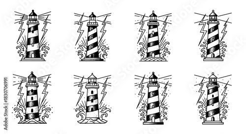 Lighthouse illustrations with lightning and waves in monochrome style.