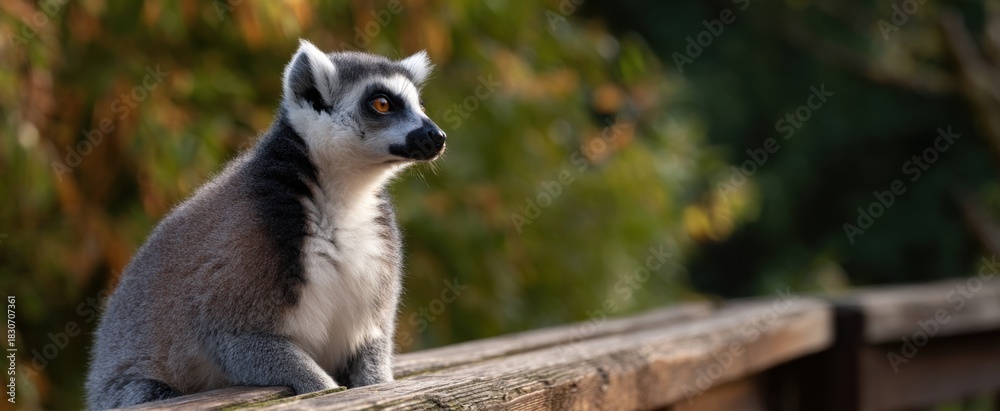 Naklejka premium The lemur soaks in the comforting warmth of sunlight on the wooden platform