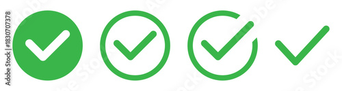 Green tick icon set. Check mark sign for app, website or ui design. Transparent PNG and vector