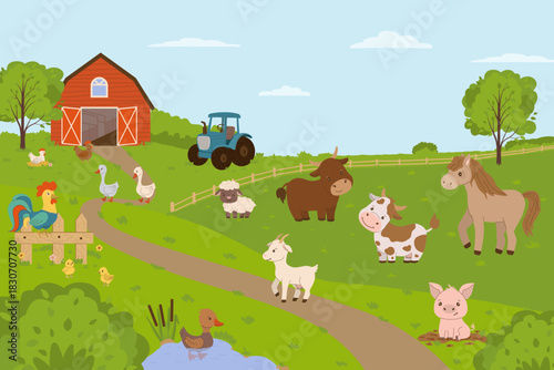 Farm animals enjoy a sunny day in a picturesque landscape featuring a barn, tractor, and pond. The illustration includes a cow, sheep, horse, goat, and various birds, perfect for educational and desig