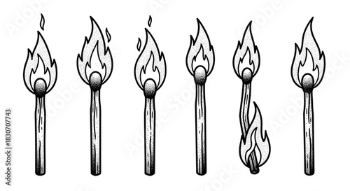 Set of six burning matches in a row with different flame sizes.