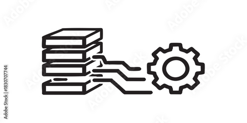 Storage copy settings thin line icon, data hoarding concept. Vector graphics. Disks array data recording and cog wheel sign on white background, style icon mobile or web design.