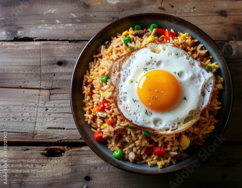 Fried Rice with Sunny Side Up Egg on Rustic Wooden Table