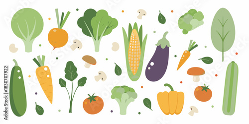 Flat lay illustration of fresh vegetables on a white background