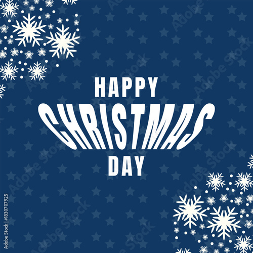 Happy Christmas Day vector banner with white warped text and snowflakes stars decoration on blue background for merry Christmas greeting card celebration 