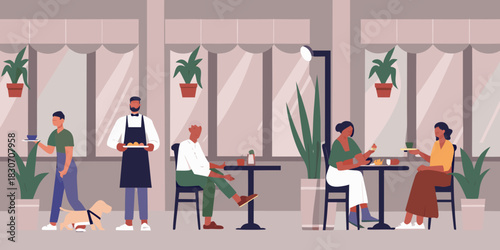 People enjoying food and drinks at an outdoor cafe setting