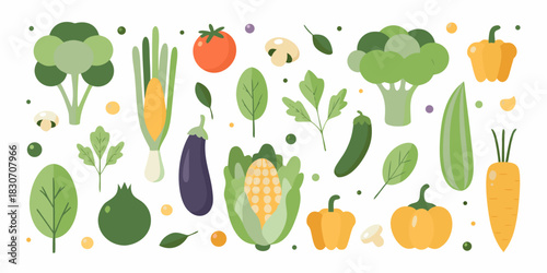 Flat lay illustration of fresh vegetables on a white background