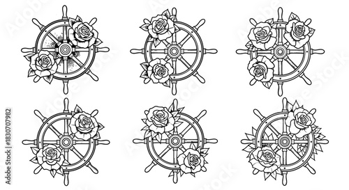 Set of Six Nautical Ship Wheel and Rose Illustrations.