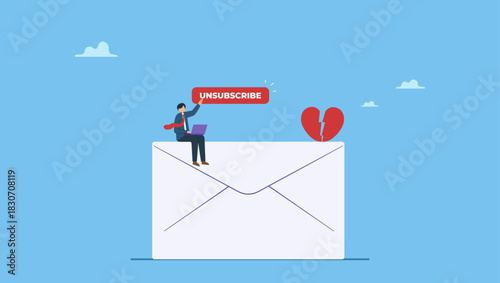 Businessman working with computer laptop push unsubscribe button. Unsubscribe email exit from mailing list, cancel subscription button, remove or leaving marketing email, delete or rejection.