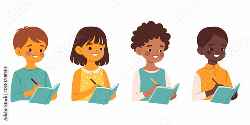Diverse group of children writing in notebooks education and learning concept