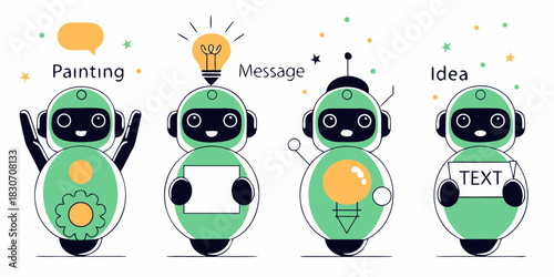 Cute robots with different functions painting message and idea generation