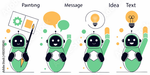 Four robots illustrating painting messaging idea generation and text communication