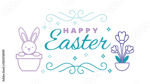 Charming easter bunny sitting happily beside a vibrant blooming flower pot perfect for spring celebrations