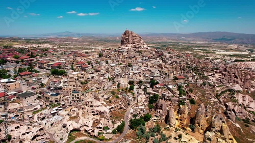 Aerial drone flying over uchisar castle in cappadocia turkey