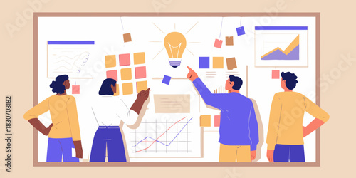 Diverse team brainstorming ideas on a whiteboard with charts and sticky notes