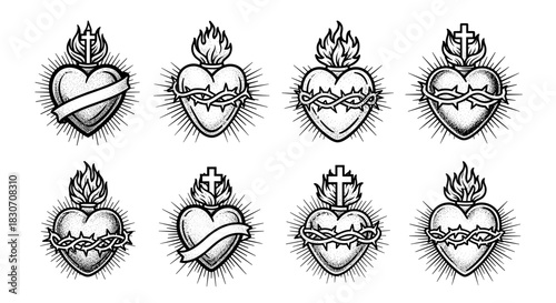 Sacred Heart Symbols Collection Religious Icons Set.