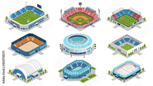 Isometric Sports Arenas and Stadiums Vector Collection Modern Athletic Complexes for Various Games, Events, and Recreational Activities