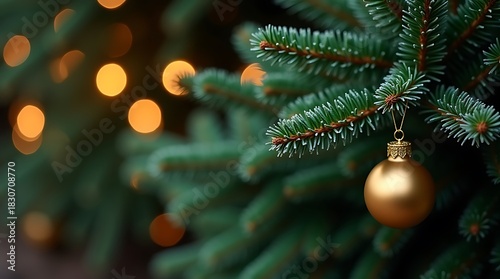Matte gold ornament hanging on frosted evergreen needles with blurred amber fairy lights — deep forest-green holiday macro, cinematic bokeh