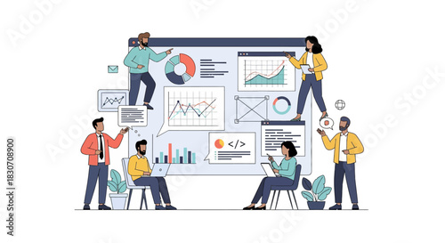 Data analytics project team collaboratively working, analyzing business performance data metrics
