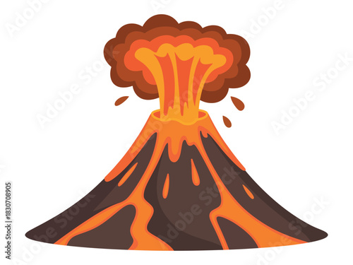 Cartoon representation of a volcano erupting with lava and smoke on white