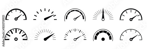 Flat dashboard gauge icons including speedometer and tachometer vectors, ideal for vehicle interfaces, high-speed internet symbols, and performance measurement graphics