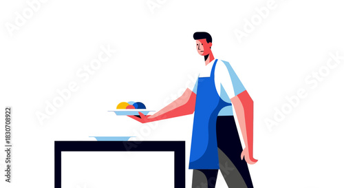 Modern stylized illustration of a chef serving colorful dessert on a clean white background