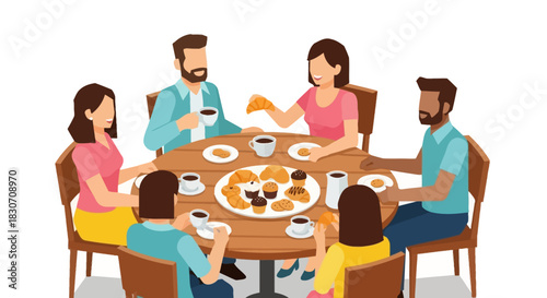 Family gathering around a breakfast table filled with pastries and coffee for illustration concept