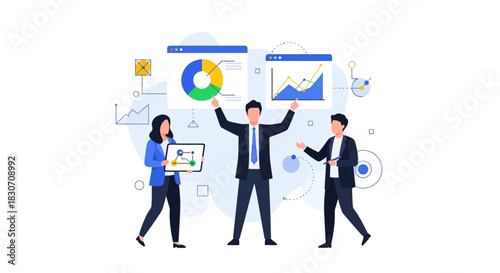 Innovative business strategy meeting displays analytical graphs and charts for financial success