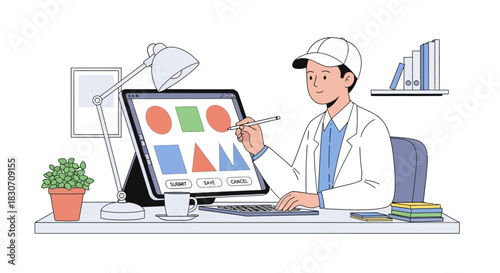 Creative professional working on graphic design project using a digital tablet and stylus at