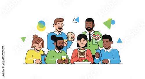 Diverse group of coworkers eating lunch together in the office cafeteria happy healthy meal