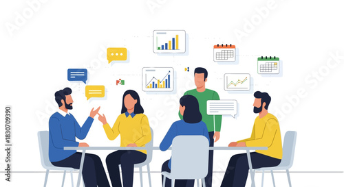 Strategic business meeting with data analysis and calendaring for collaborative planning and