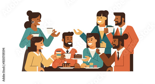 Diverse professionals gather for relaxed coffee break during office team building event