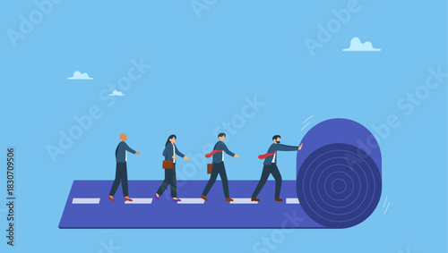 Businessman rolling career path for team colleague to follow. Leadership to lead team career path, business strategy development, effort or ambition to progress work success, motivation achievement.