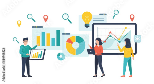 Collaborative data analysis and business strategy meeting with data visualization presentation and