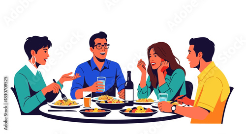 Group of friends gathering around a table enjoying food and drinks with happiness