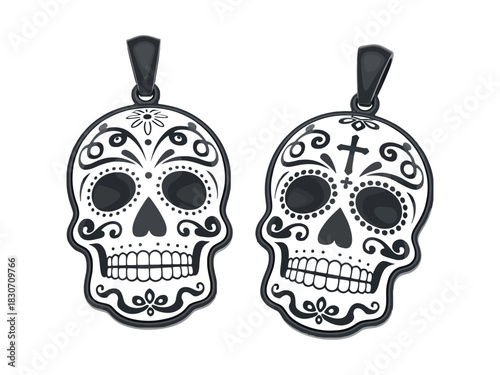 Two sugar skull pendants with black outlines and intricate white designs on white