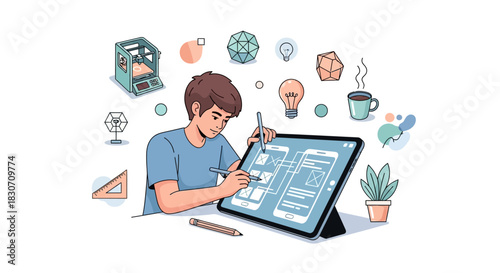 Innovative interface design creation with a digital tablet and diverse creative elements