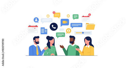 Diverse team collaborating, utilizing digital tools for efficient communication and collaborative