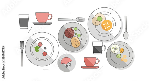 Assorted dishes and beverages arranged for a stylized table setting illustration
