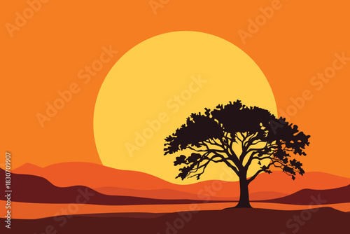 Tree, Sunset, Wilderness, Landscape, Road, Desert, Sand, Canyon, Valley, Distance, View, Rock, Mountain, Hill, Sun, Sky, Nature, Artwork, Vector
