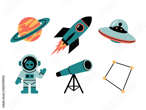 Illustration of a planet with rings, a rocket, ufo, astronaut, telescope, stars