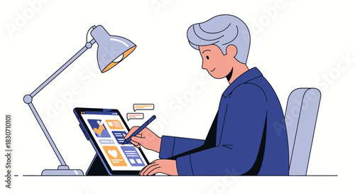 Illustration of a content creator or graphic designer working on a tablet for digital design with