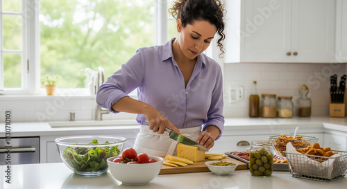 Smiling woman preparing healthy meal slicing cheese on cutting board kitchen